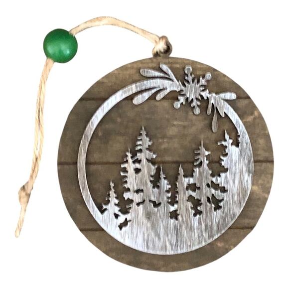 Whimsical Brown Rustic Etched Silver Trees Brown Ornament Hand Painted Wood - Picture 3 of 8